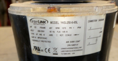 INTERLINK YKS-250-6-65L 1/3 HP Condenser Motor 208-230V 1075 RPM 1