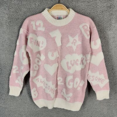 Rags Knitwear LTD Big Girls Medium Graphic Print Knit Sweater Pink White USA