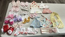 Lot Of 10 Infant Girls Newborn Items Bibs, Socks,  Hats  pinks, patterns