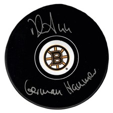 Dennis Seidenberg Signed Boston Bruins Logo Puck w German Hammer JSA Witness COA