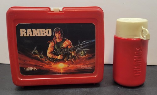 Vintage 1985 Rambo Lunchbox with Thermos Cup Red Plastic Collectible Set