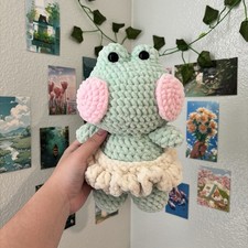 Handmade Crochet Frog Plush Medium in Pink Cheeks Cream Skirt