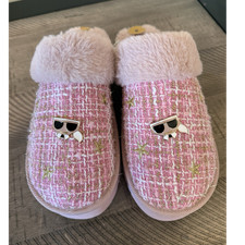 Karl Lagerfeld Pink Tweed Faux Fur Slip-On Women's Slippers Size 8
