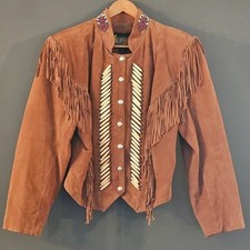 VTG Diamond Leather Suede Jacket Fringe Bone  Beading Festival Wear Western 14