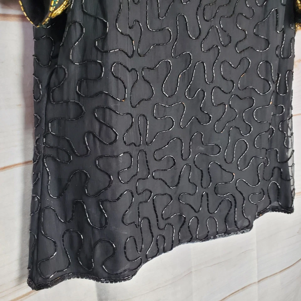 Blusa de noche grande vintage años 80 Denise Elle seda con cuentas lentejuelas pavo real negra Foto 3 de 4