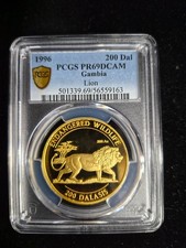 1996- 200 Dal Gambia Lion- PCGS PR69 DCAM Scarce Low Mintage Gold 1oz .999 5000.00 per troy oz