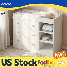 Baby Changing Table w Drawers & Open Shelves White Wooden Nursery Waterproof Pad