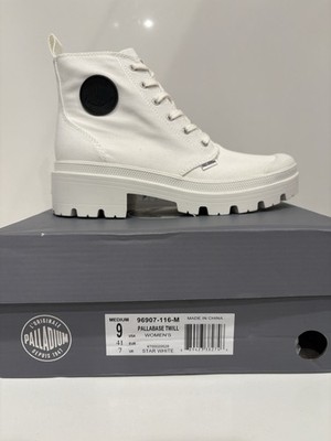 Palladium Pallabase Twill Boots Women's 9 Star White Platform Canvas Zip Up NIB