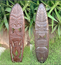 Tribal Tiki Surfboard Wood Carvings Wall Decor 39"x 10" Set of 2