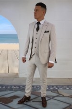 Mens Stone Beige Three Piece Suit Summer Wedding Racing Prom Groom Stretch Fit