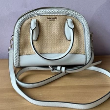 KATE SPADE REILEY STRAW & WHITE SAFFIANO LEATHER DOME SATCHEL BAG PURSE