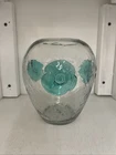 Vtg MCM Blenko Crackle Glass Wide Mouth Vase 423 Applied Glass Floral Medallions