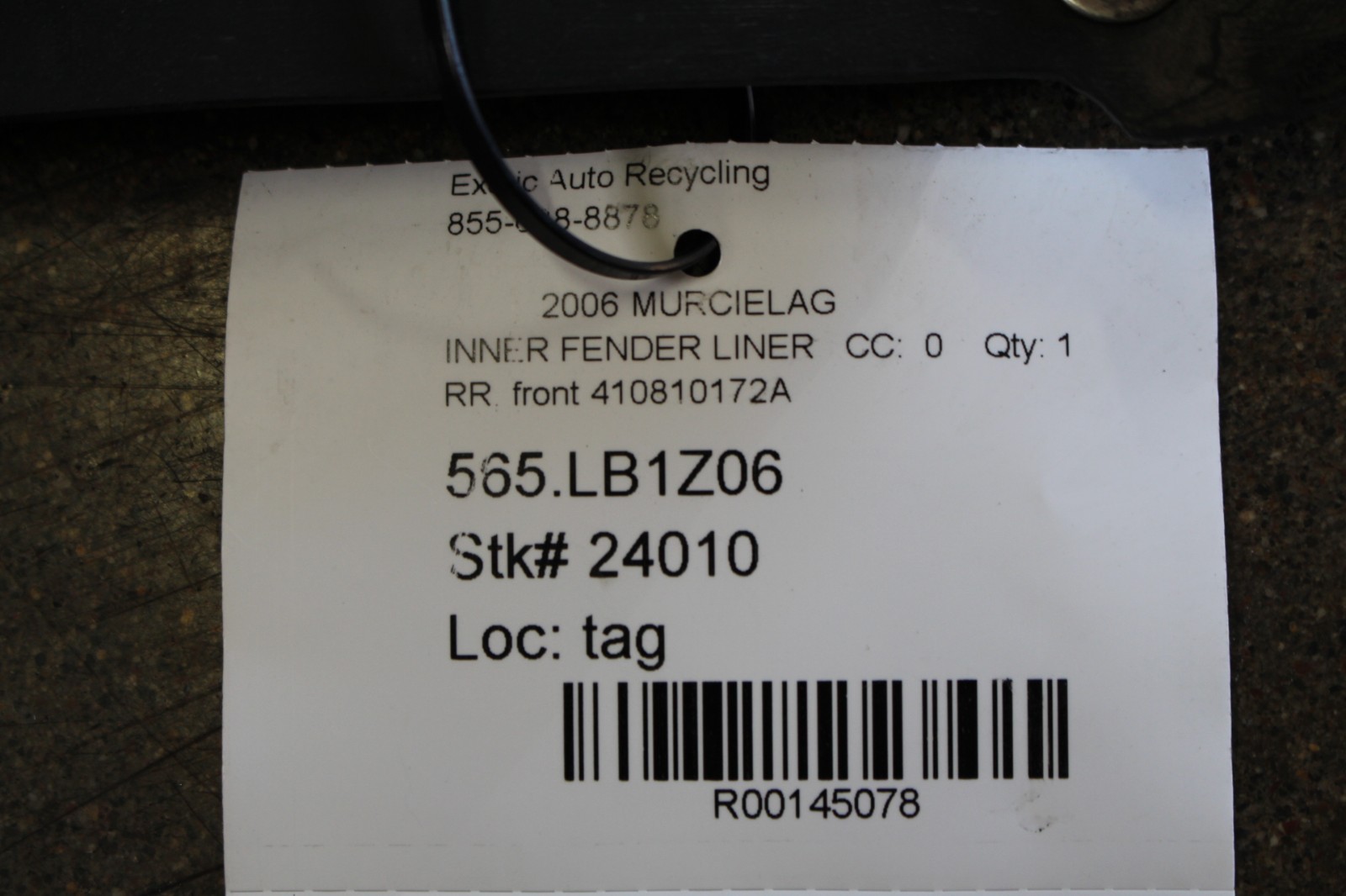 Lamborghini Murcielago, RH, Rear Front Section Fender Liner, Used, 410810172A