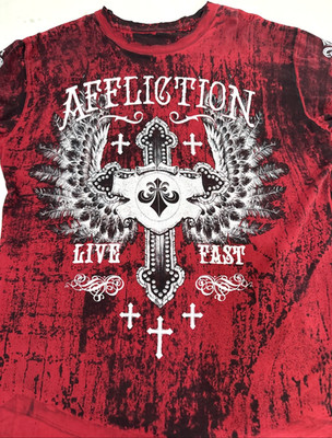 Affliction Red All Over Print Y2K Grunge Goth Cross Wings Shirt Mens Size Large
