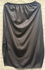 VTG 80  s Fortune USA Made Black Nylon Lace Trim Elastic Waist Slits Half Slip L