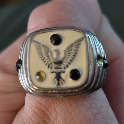Men s Silver-Tone Eagle Enamel Square Signet Ring Size 10 Black Gold White