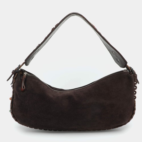 Valentino Brown Suede Floral Embroidered Shoulder Bag