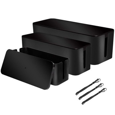 3 Pack Black Cable Management Boxes, 3 Wire Ties, Large, Hide Power Strip, Set