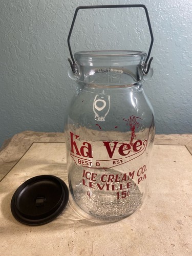 Vintage Ka-Vee Ice Cream Co. banca barattolo vetro da un gallone con manico in filo metallico