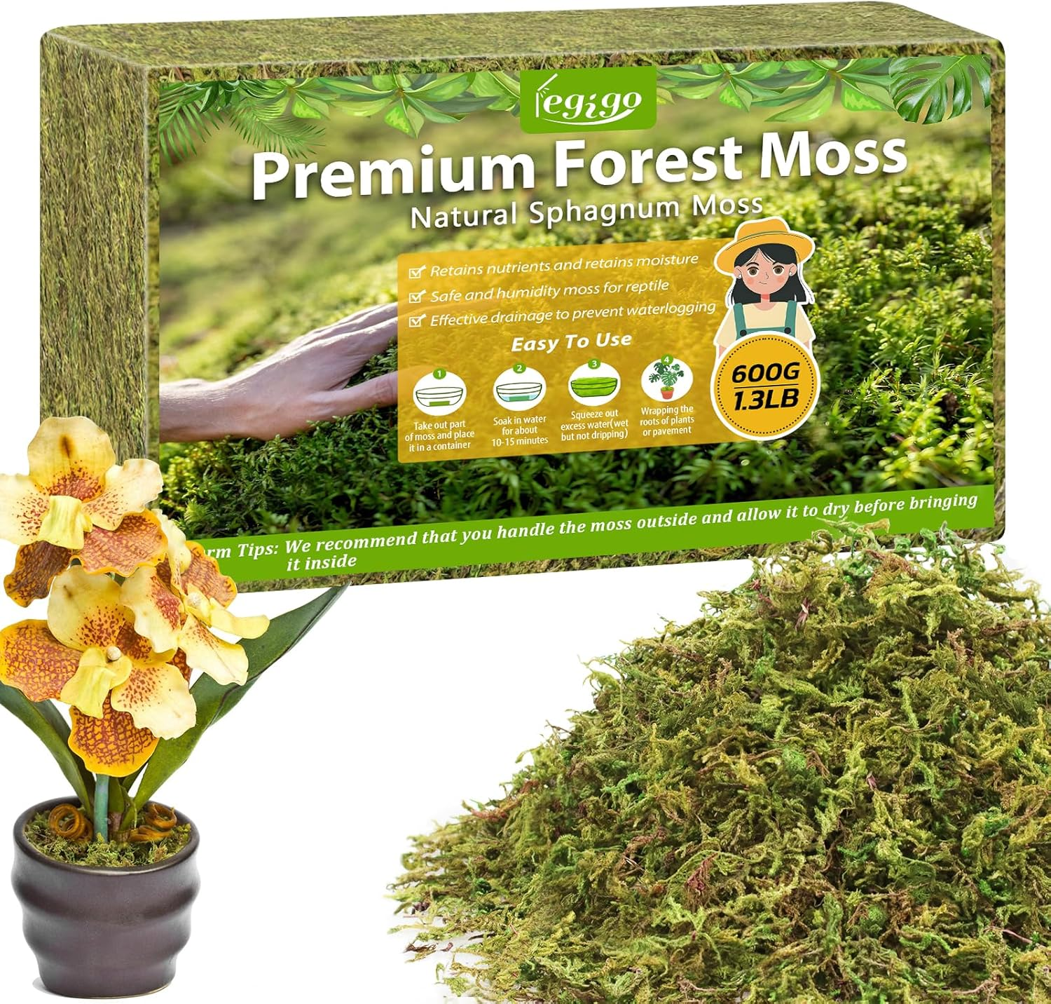 Legigo 600G Premium Sphagnum Moss for Plants, 25L Natural Green Terrarium Moss,