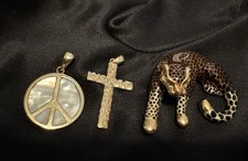 Lot 14k Mother Pear/Gold Peace Symbol, 14k Cross, 14k Gold/Enamel Leopard