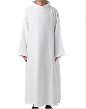 White Clerical Clergy PLEATED ALB stand-up collar priest's liturgical Robe UK#