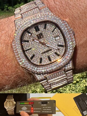 Real 14ct MOISSANITE Mens Watch Iced Stainless 14k Rose Gold Pass Diamond Test