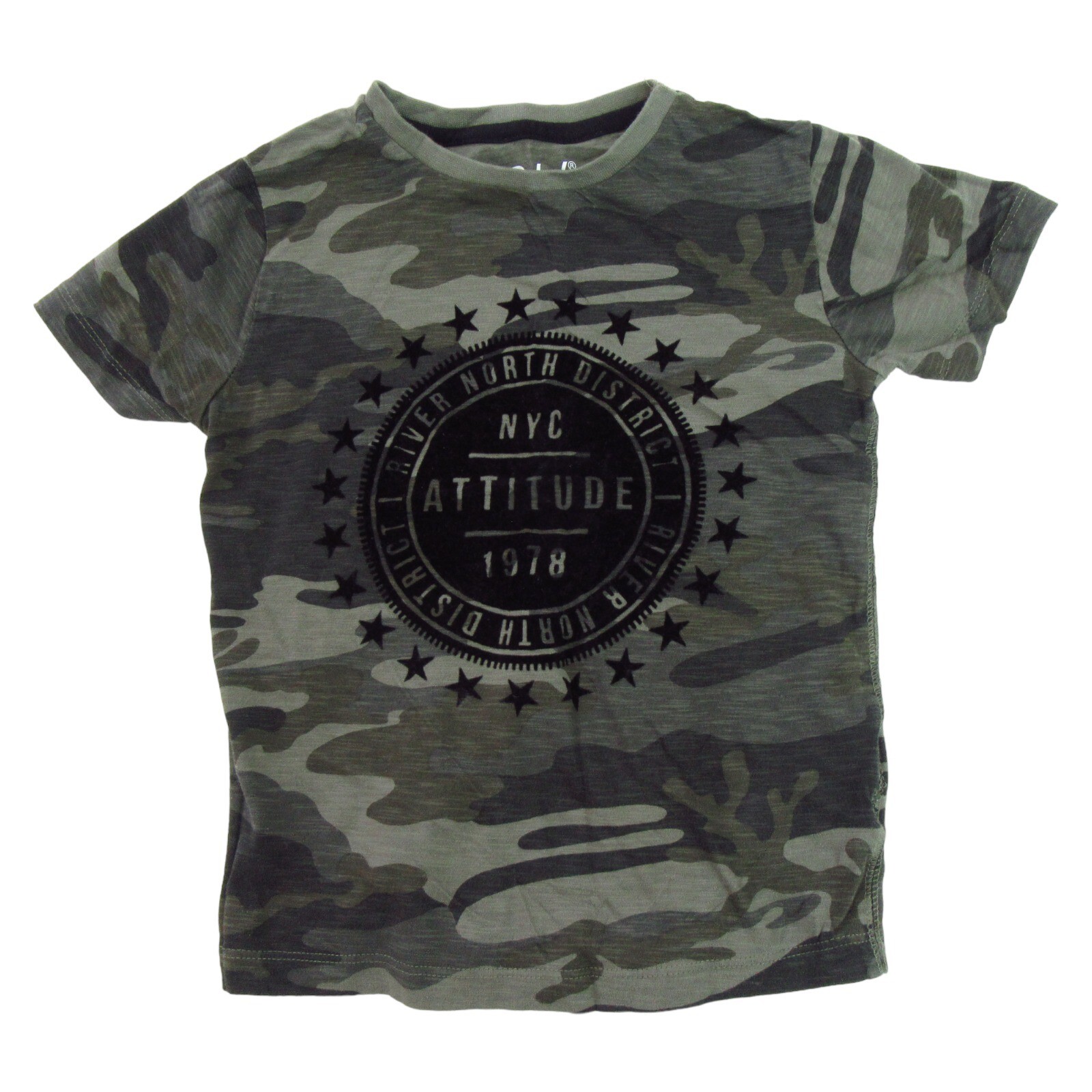 Rebel By Primark Size 5-6 Years NYC Attitude T-Shirt Felt Green Logo Camo/Green
