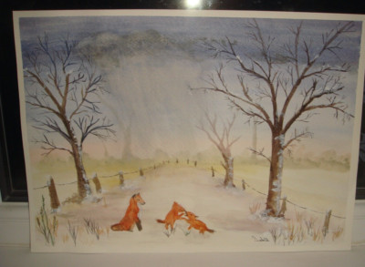 Original signiertes Kunstwerk & Zertifikat Aquarell Füchse im Winterpark A3