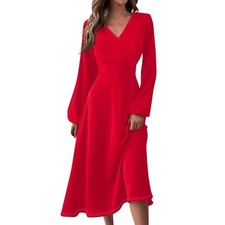 2024 Women's Spring New Fashion V-neck Long sleeved Solid Color Casual Dress