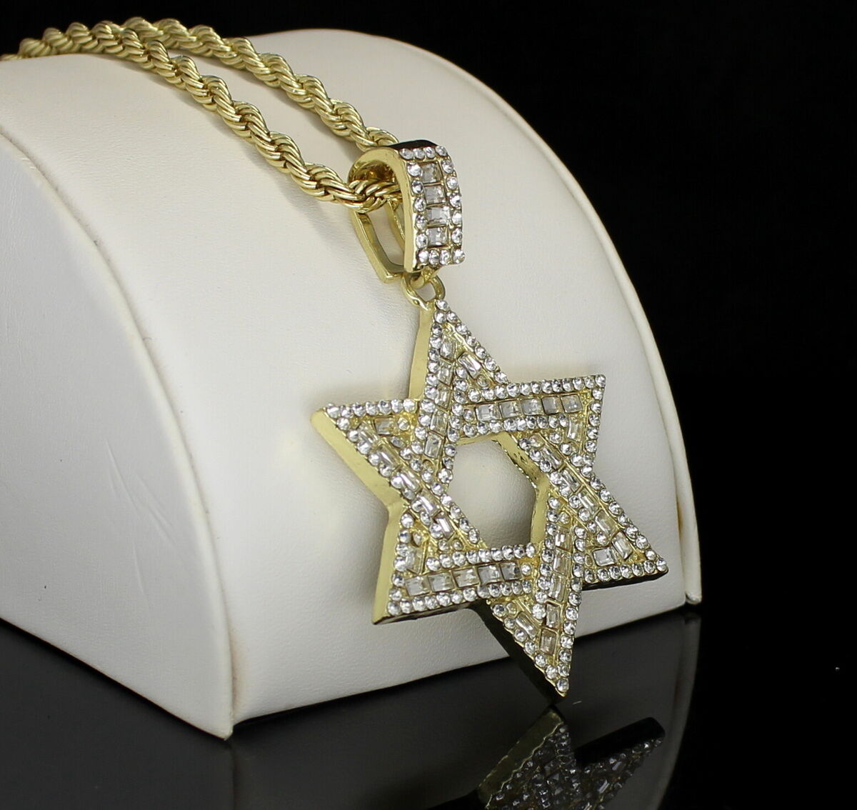 Mens Cz 6 Point Star of David Pendant 14k Gold Plated Rope Mens Cz 6 Point Star of David Pendant 14k Gold Plated Rope