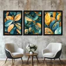 Turquoise Gold Leaves Set of 3 Wall Prints Decor Artwork Pictures Leaves Posters
