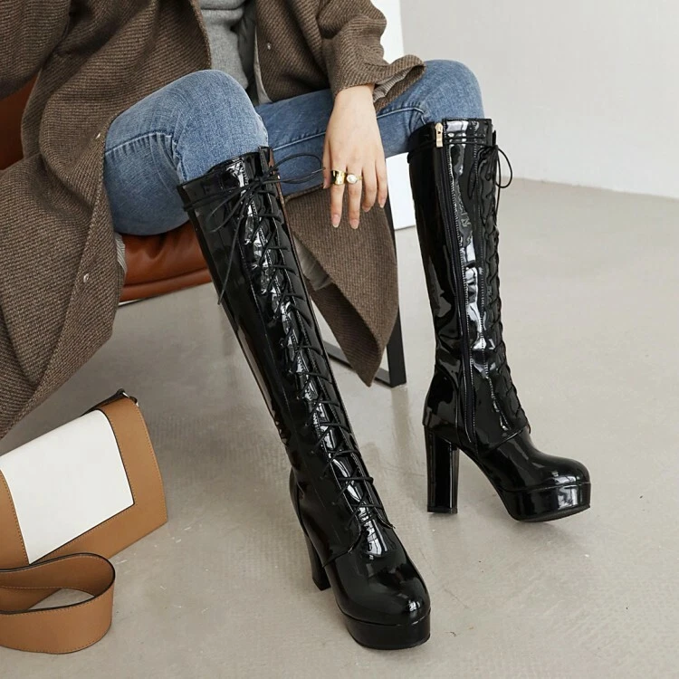 Women Lace Up Riding Boots High Block Heels Zip Platform Knight Knee High Boots