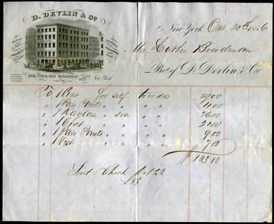 NEW YORK ~ D. DEVLIN & Co., Men's Clothing ~ Billhead 1856 invoicing L. Boardman