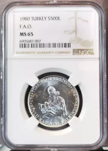 1980 TURKEY SILVER 500 LIRA FAO NGC MS 65 EXTREMELY RARE BEAUTIFUL TOP POP 1