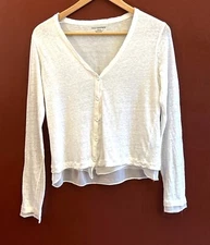 Holt Renfrew Women White Linen Silk Button-Up v Neck Cardigan Size 3 Long Sleeve