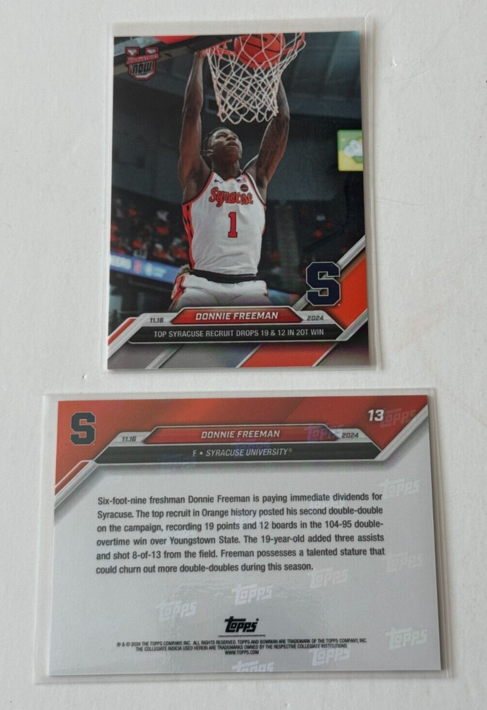 2024 Topps Now Bowman U #13 Donnie Freeman SYRACUSE ORANGEMEN Card PRINT RUN 227