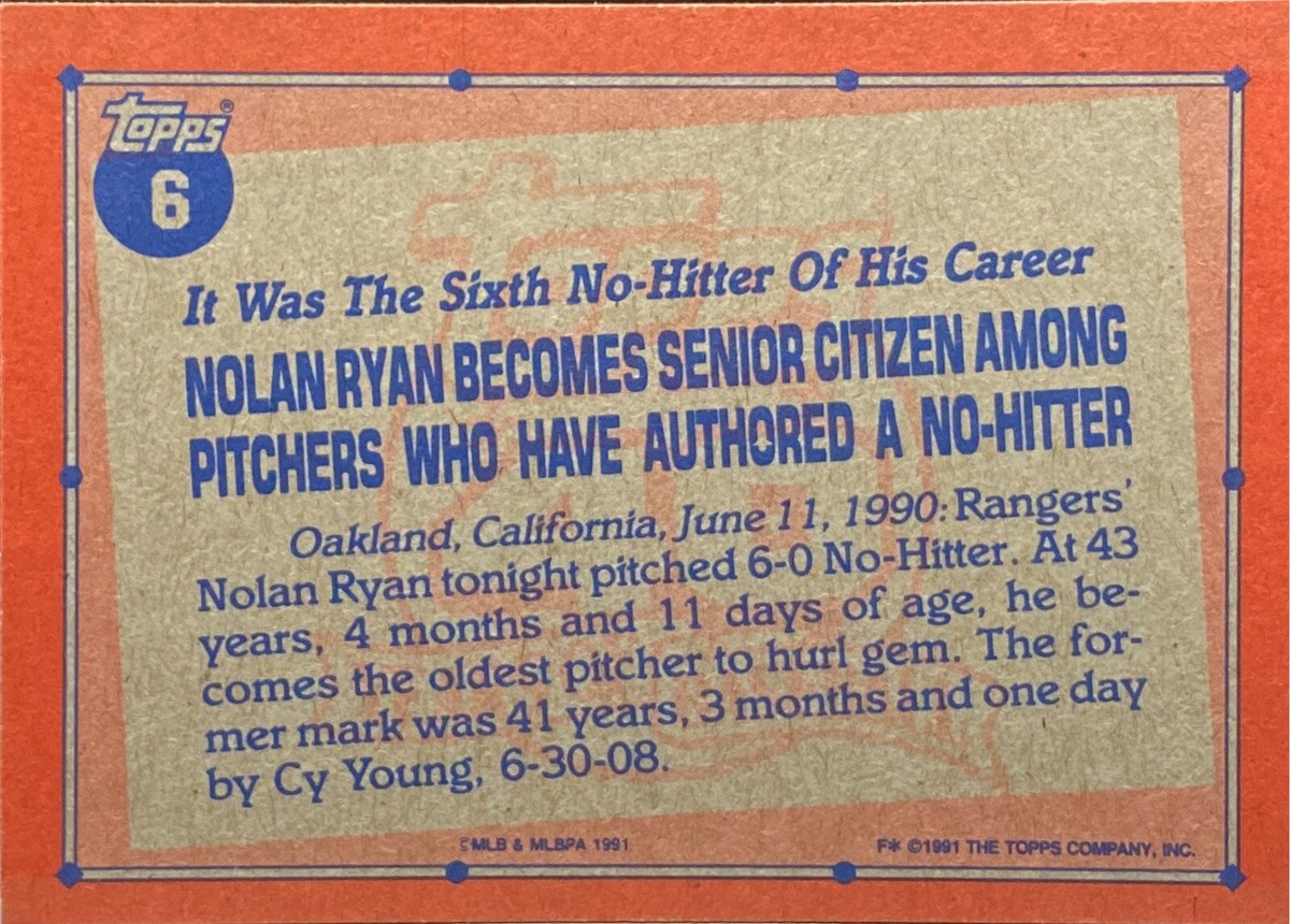 1990 Topps #6 Nolan Ryan Texas Rangers Record Breaker Baseball