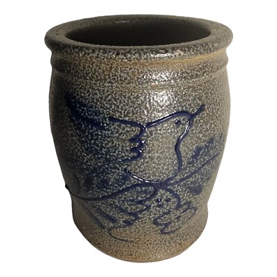 David Eldreth 1993 Signed Pottery Bluebird Salt Glaze Small Crock Folk Art PA