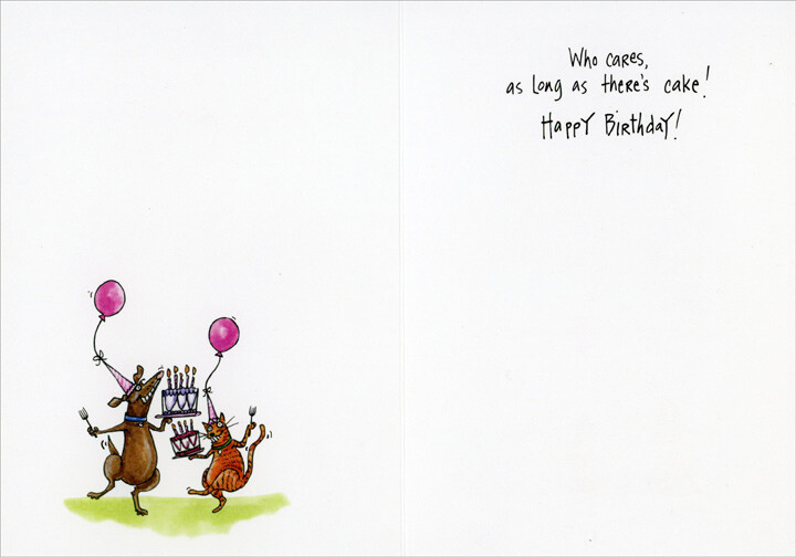 Dog and Cat with Party Hats at Table Humorous / Funny Birthday Card