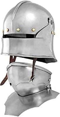 #ad Gothic Sallet Helmet with Bevor Medieval Armour 18 gauge steel Silver $127.50
