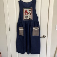 Teacher Blue Denim Jumper Dress With School Patchwork Motif Vintage