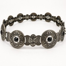 Vintage Y2K Silver Tone Concho Belt Black Rhinestone Boho Western Festival 37"