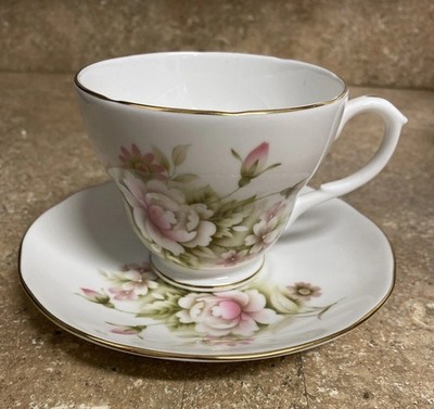DUCHESS Tea Cup & Saucer #511 Fine Bone China England Martine Pink Floral w/Gold