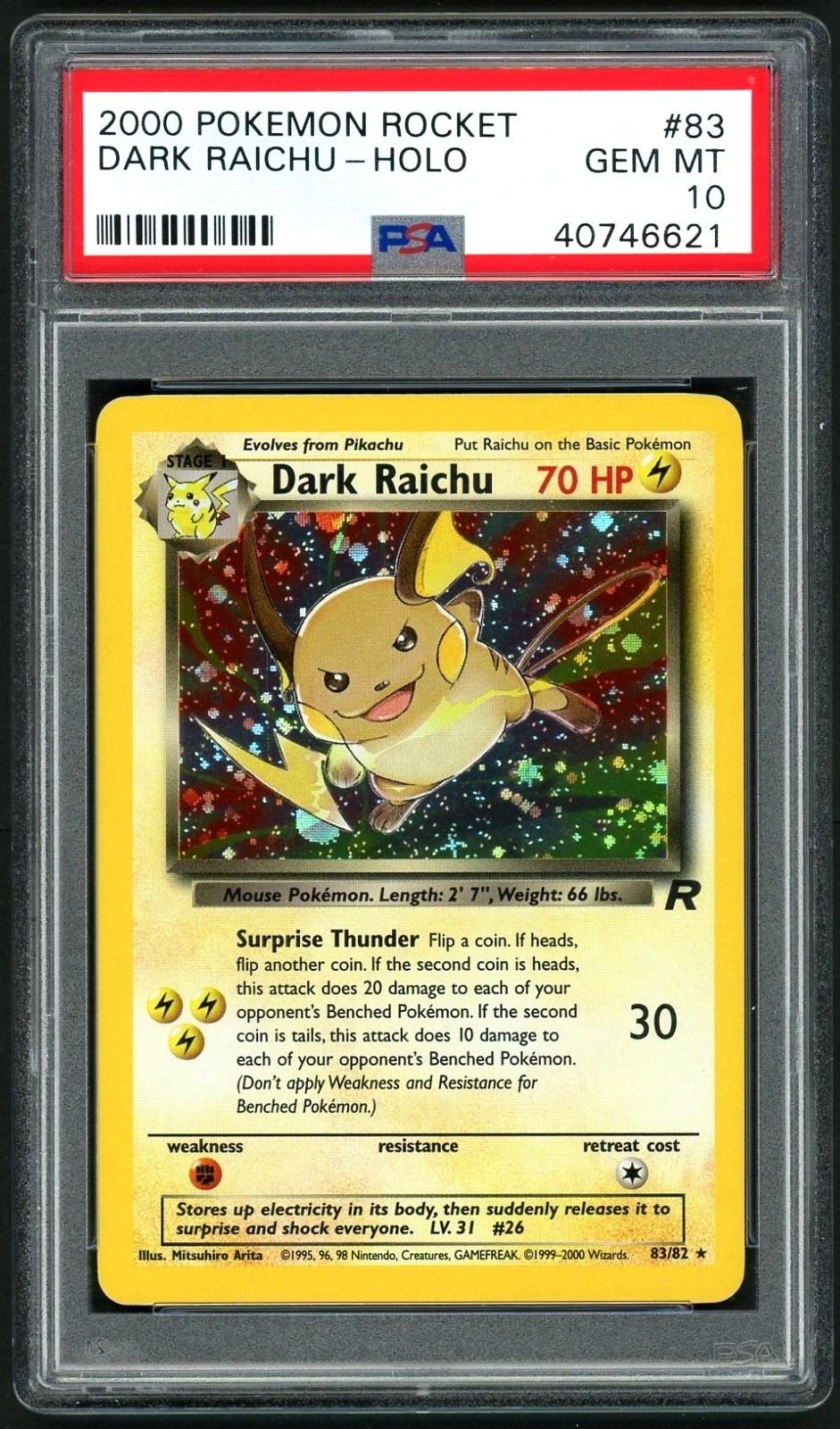 2000 Pokemon Team Rocket Unlimited Dark Raichu Holo PSA 10 POP 33!!! view 2