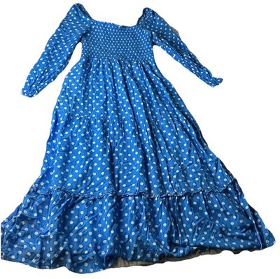 Anthropologie Dolan  Laney  Blue Smock L Polka Dot Midi Dress Flowy Coastal Chic