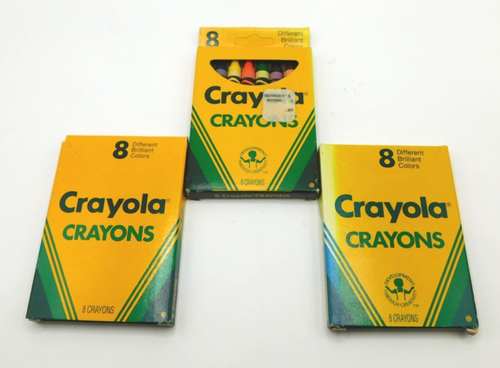 Vintage 8 pack Crayola crayons in red, yellow, and green boxes with logo and “Developmental Colors” text.