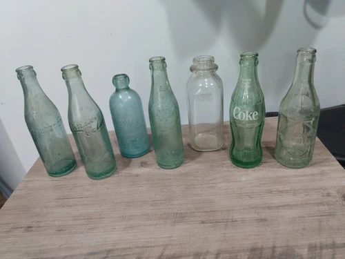 Lot Of 7 Vintage Bottles Coke, Milk Bottle Cristo Cola, Standard and More
