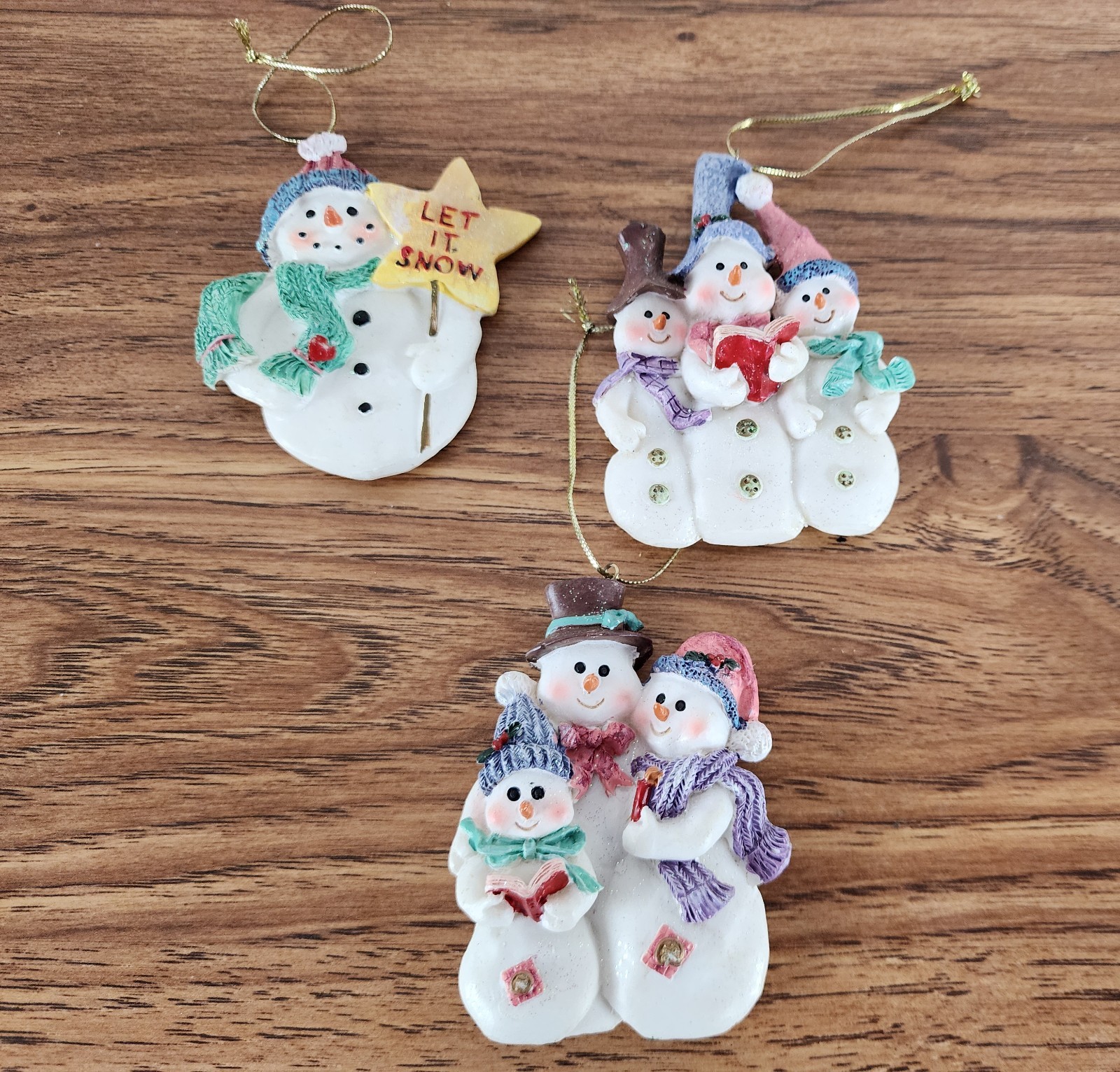 Lot Of 3 Resin Snowmen Glitter Christmas Ornaments