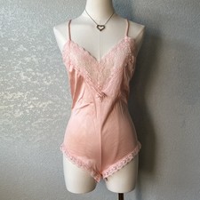 Vintage 80s Pink Lace Teddy Romper Slip Antron Nylon Lingerie Made USA Small